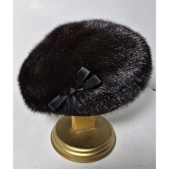 Vintage Black/Dark Brown Undertones Mink Fur Hat with Bow - Picture 1 of 7